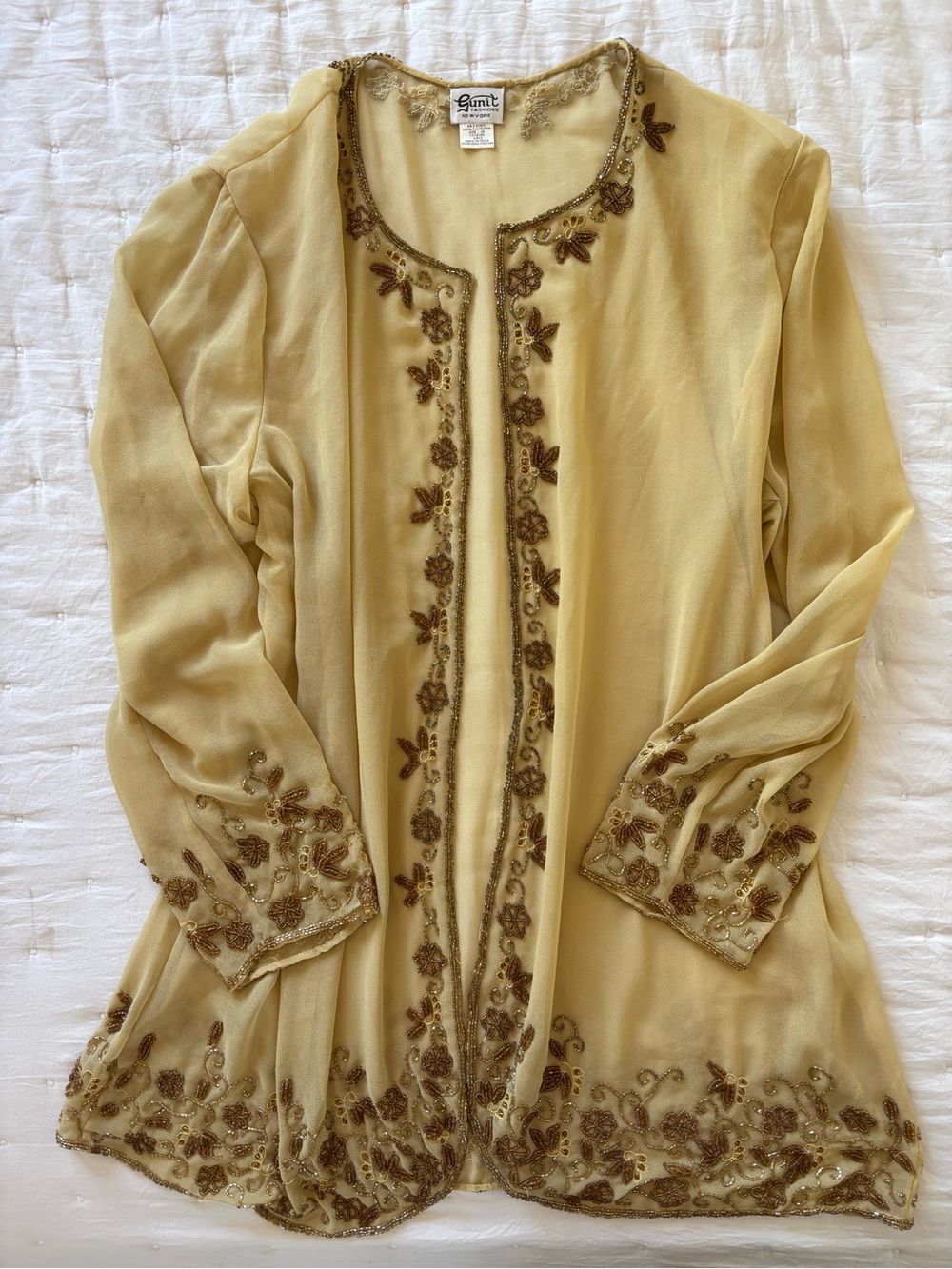 Embellished Pale Yellow Sheer Open-Front Tunic by